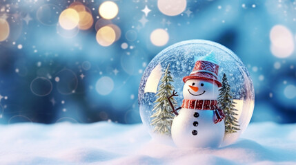 Christmas glass ball on snow with snowman inside. Winter scenery