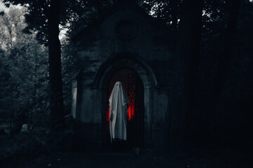A horrifying ghost standing at the entrance of an old medieval crypt, illuminated by an eerie red...