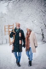 Elegant senior couple walking with sledge in the snowy park, during cold winter day.