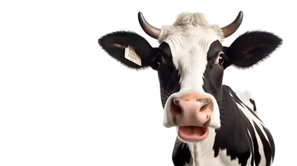 Poster Black and white healthy, cute cow with a surprised curious look and open mouth looking at the camera, isolated on a white background with copy space. © Tetiana