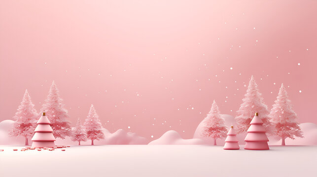 Christmas and New Year minimalism monochrome background in pastel pink colors. Pink Christmas trees in a snowy forest and Christmas pink decorations on a light background with copy space for text.