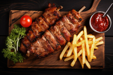 Grilled kebab on skewers with spices and french fries
