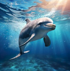 Closed up of swimming dolphin in the ocean with Shining Light 