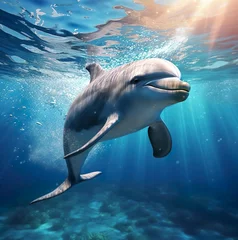 Foto auf Leinwand Closed up of swimming dolphin in the ocean with Shining Light  © Adi