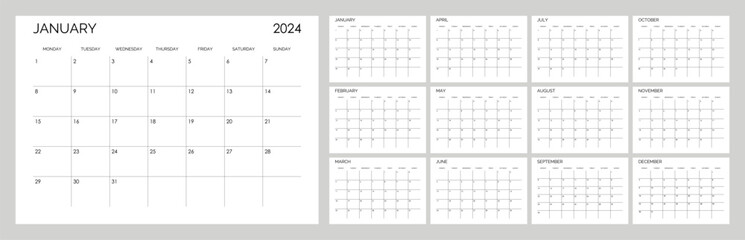 Classic monthly calendar for 2024. Calendar in the style of minimalist square shape. The week starts on Monday. English text - obrazy, fototapety, plakaty