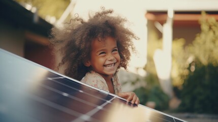 Joyful child plays near solar panel installation, depicting innocence and happiness in sustainable energy settings. - obrazy, fototapety, plakaty