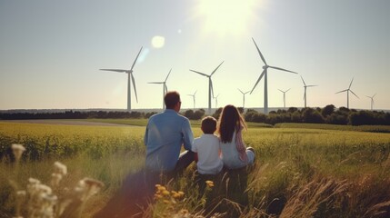 Family enjoys park day with wind turbines silhouette in the background, highlighting sustainable living and renewable energy.
