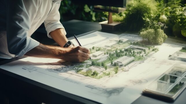 Designer sketches sustainable architecture with solar panels, symbolizing professional innovation in eco-friendly estate projects.