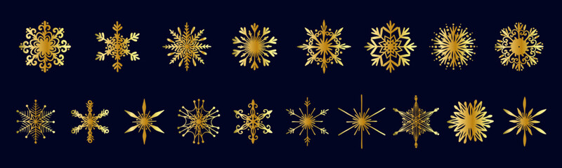 Set of various golden winter snowflakes.Vector graphics.