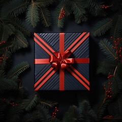 Holiday Elegance: Gift Box, Pine Branches, and Decorative Ornaments on Dark Background. Ai Generative.