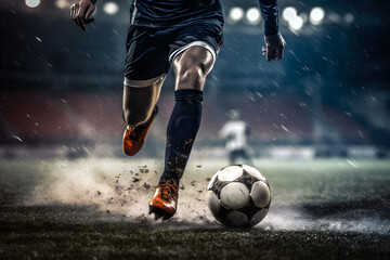 Fußballspieler im Stadion dribbelt mit Ball am Fuß, dynamische Spielszene, erstellt mit generativer KI - obrazy, fototapety, plakaty