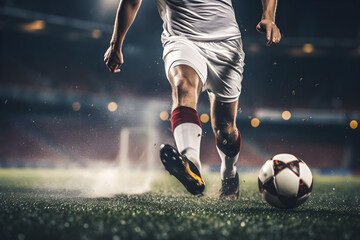 Fußballspieler im Stadion dribbelt mit Ball am Fuß, dynamische Spielszene, erstellt mit generativer KI - obrazy, fototapety, plakaty