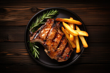 Grilled or pan fried pork chops on the bone with garlic and rosemary and french fries - obrazy, fototapety, plakaty