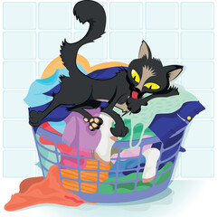 a cat licking its paw on a basket of clothes. laundry. pet. puss. Black cat.