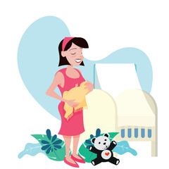 loving mother holding newborn baby. room with crib and teddy bear.