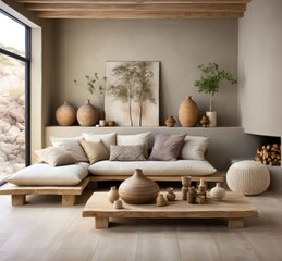 Fototapeta na wymiar Stylish interior design of living room with modern cream sofa, wooden details and luxurious finishings