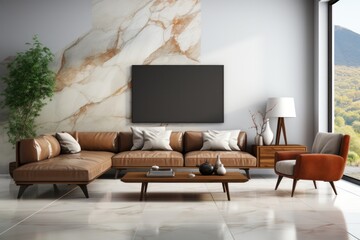 Stylish interior design of living room with modern cream sofa, wooden details and luxurious finishings