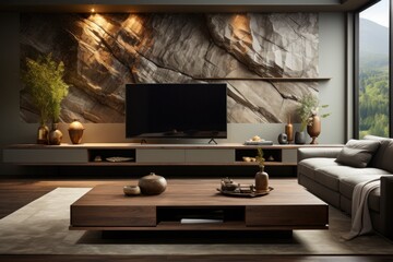 Stylish interior design of living room with modern cream sofa, wooden details and luxurious finishings