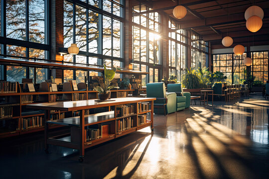 Abstract empty college library interior space. Classroom with bookshelves. Book shop business or education resources concepts. Generative AI.