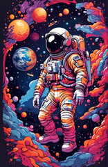 Illustration of an astronaut in outer space with a rainbow colored atmosphere 1