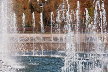 Light and music fountain on a spring morning. Natural Museum-reserve "Tsaritsyno". Fountain in Tsaritsyno Park.