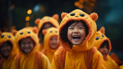Group of happy, smiling children in matching orange costumes having fun together. Concept of Halloween trick-or-treat, kids' games, theatrical performances, competitions, team games, camp activities