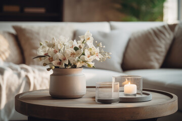 Fototapeta na wymiar Modern house interior details. Simple cozy living room interior with beige sofa, decorative pillows, wooden table with candles and flowers in vase