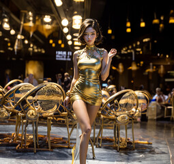 Fashion show. Sexy girl in a beautiful dress. Beautiful asian woman model. Beauty, fashion.