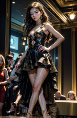 Fototapeta na wymiar Fashion show. Sexy girl in a beautiful dress. Beautiful asian woman model. Beauty, fashion.