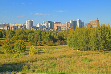 Picturesque golden autumn on sunny day in Mitino Landscape Park. Moscow, Russia