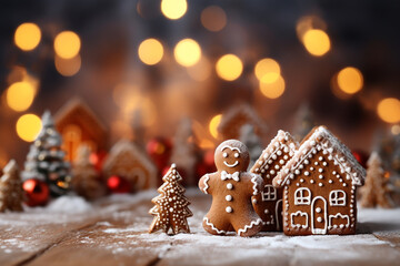 Close Up of many gingerbread christmas cookie on christmas dinner table.