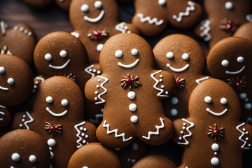 Close Up of many gingerbread christmas cookie on christmas dinner table.