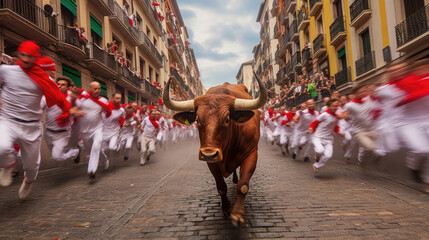 Runners in Encierro, Running of bulls in Pamplona, Spain. Bull running in Pamplona. Traditional San Fermin festival where participants run ahead of charging bulls through the streets to bullring - obrazy, fototapety, plakaty
