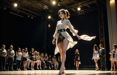 Fashion show. Sexy girl in a beautiful dress. Beautiful asian woman model. Beauty, fashion.