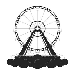 Ferris wheel above clouds black and white 2D illustration concept. Park amusement cloudscape cartoon outline object isolated on white. Funfair ride on heaven sky metaphor monochrome vector art