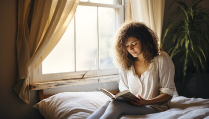A woman comfortably reads a book in bed at home, enjoying a moment of solitude and leisure, embodying self-care. - obrazy, fototapety, plakaty