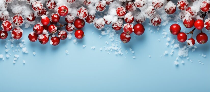 Winter themed flat lay with a pattern of snowflakes and red berries against a blue background