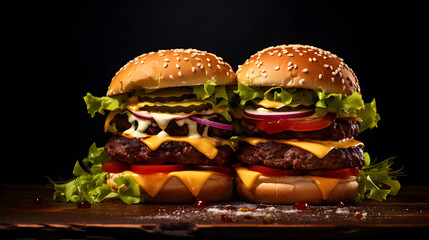 Large double burgers isolated on black background