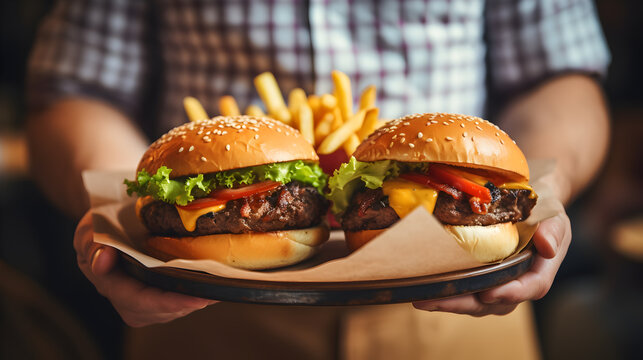 A fully prepared burger with French fries served by a waiter