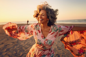 Photo of happy mature black african american woman at the beach
