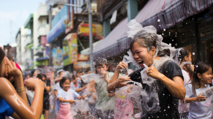 Songkran (Thailand) - The Thai New Year celebrated with water fights. - obrazy, fototapety, plakaty