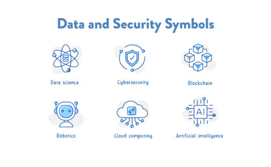 Visualize data science and cybersecurity with this symbol collection. These icons represent data analysis, protection, and the importance of digital security.