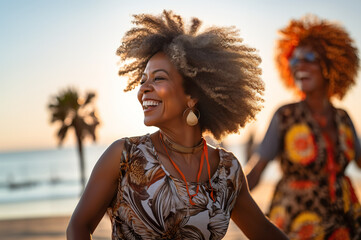 Photo of happy mature black african american woman at the beach