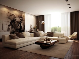 Fabulous interior design of living room with modern furniture, wooden details and luxurious finishings, carpet, decor and drapes