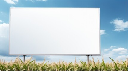 Empty white billboard stands in corn field, against backdrop of blue sky. Mock up. Copy space banner background for advertising.