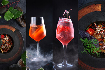 Photo collage with alcoholic cocktails and dish with noodles and vegetables.Two glasses with pink cocktails. Noodles with vegetables. Concept of food and drinks.