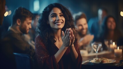 Beautiful woman enjoying while having dinner with friends at night party. - Powered by Adobe