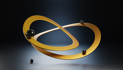 3d render black marble spheres balance on gold metal curved rings. Luxury dark abstract geometric background with stone balls rolling in circle orbit, movement of figures down and up. 3D illustration