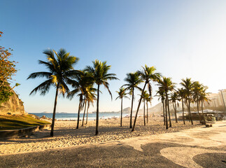 Sunset view at Leme beach with coconut trees in Rio de Janeiro Brazil - obrazy, fototapety, plakaty