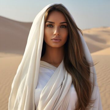 Middle Eastern woman, against a backdrop of desert dunes. 